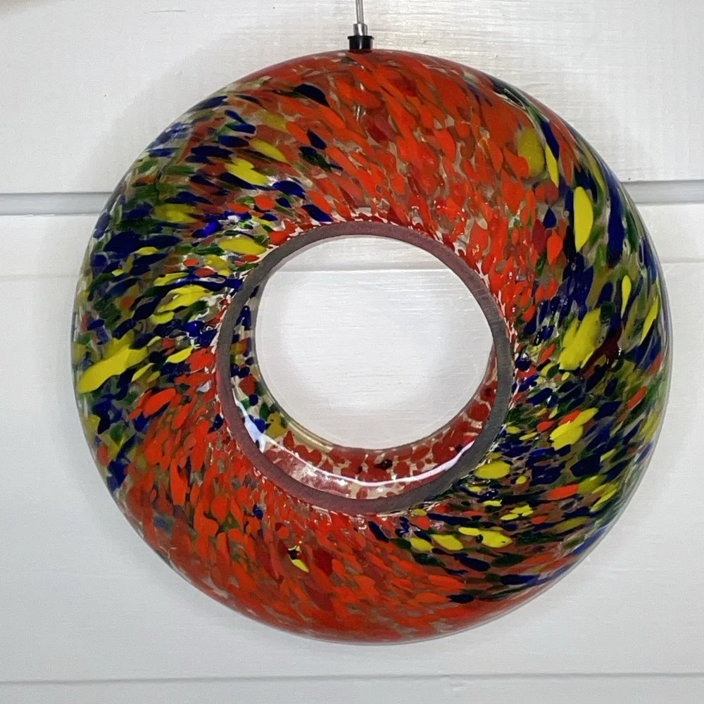 Designer Circular Doughnut‎ Hanging Art Speckled Glass Bird Feeder Hand Blown